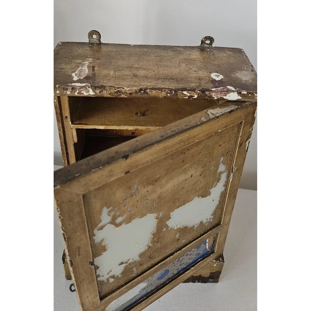 Primitive Wood Wall Cabinet Old Mustard Yellow Glass Panels